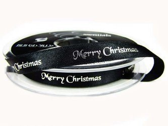 Wstążka 10mm atłas MERRY CHRISTMAS czarna