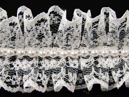 Taśma 4cm plisa koronka & perła biała