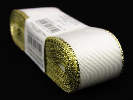 Wstążka 25mm tafta biało-złota