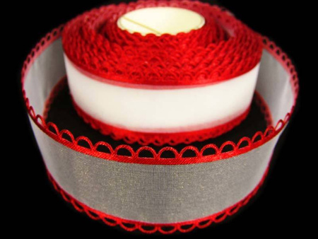 Wstążka 25mm organtyna KORONKA czerwona