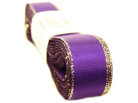 Wstążka 15mm tafta fioletowo-złota