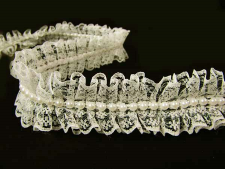 Taśma 4cm plisa koronka & perła ecru
