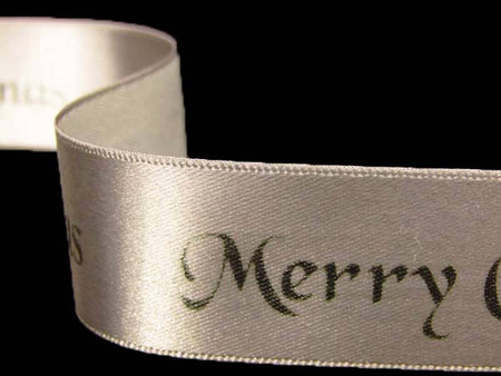 Wstążka 25mm atłas MERRY CHRISTMAS popiel
