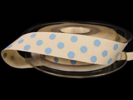 Wstążka 15mm ryps natural KROPKI błękitne