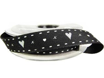 Wstążka 15mm tafta HEARTS & KISSES czarna