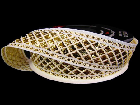 Taśma 25mm żakard AZTEC biało-złota