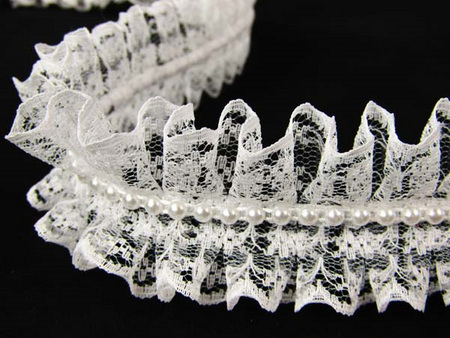 Taśma 4cm plisa koronka & perła biała