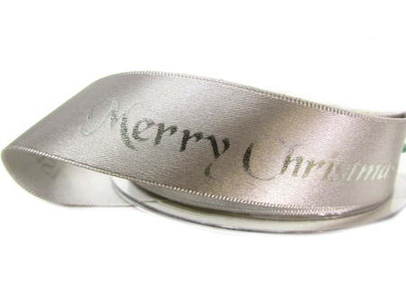 Wstążka 25mm atłas MERRY CHRISTMAS popiel