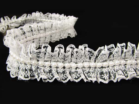 Taśma 4cm plisa koronka & perła biała
