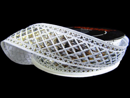 Taśma 25mm żakard AZTEC biało-srebrna