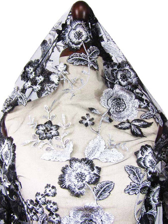 Koronka 140cm tiulowa haft czarno-popielata