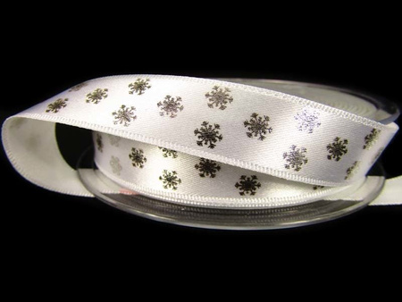 Wstążka 15mm atłas PŁATKI ŚNIEGU biała