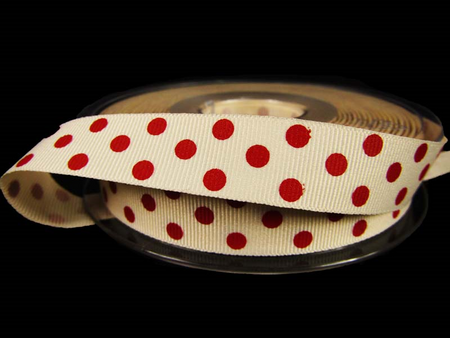 Wstążka 15mm ryps natural KROPKI czerwone