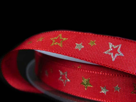Wstążka 10mm tafta GWIAZDKA czerwona