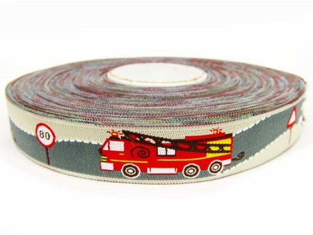 Taśma 15mm żakard WÓZ STRAŻACKI beż