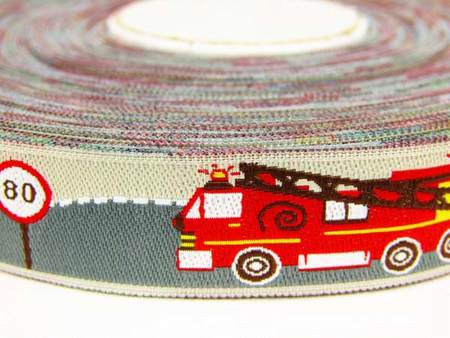 Taśma 15mm żakard WÓZ STRAŻACKI beż