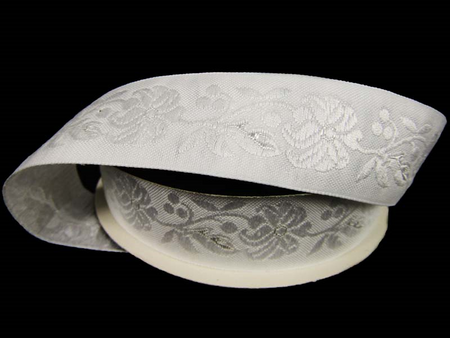 Taśma 25mm żakard KWIAT biała