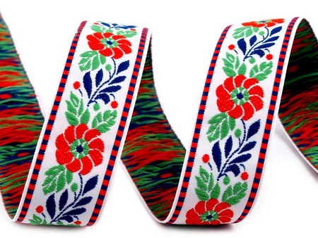 Taśma 25mm żakard kwiat czerwony biała