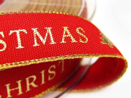 Wstążka 15mm tafta HAPPY CHRISTMAS czerwona