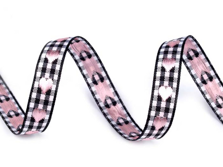 Wstążka 10mm kratka SERCE róż