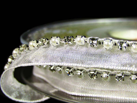 Taśma 1cm wypustka organza cyrkonia & perła ivory