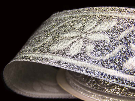 Taśma 35mm żakard kwiat srebrna