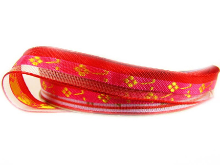 Wstążka 15mm organtyna KWIATUSZKI czerwona