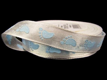 Wstążka 15mm tafta STÓPKI błękitna