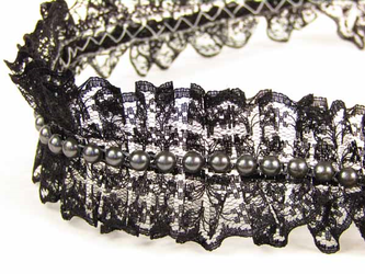 Taśma 4cm plisa koronka & perła czarna