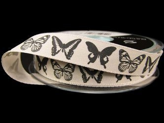 Wstążka 15mm tafta DANCING BUTTERFLY popiel