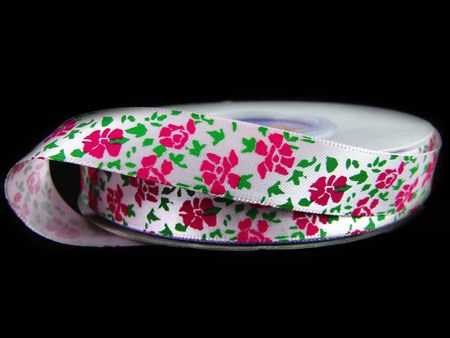 Wstążka 16mm atłas KWIATY pudrowy róż