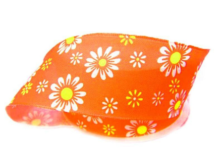 Wstążka 40mm organtyna STOKROTKI pomarańczowa