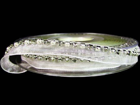 Taśma 1cm wypustka organza cyrkonia & perła ivory