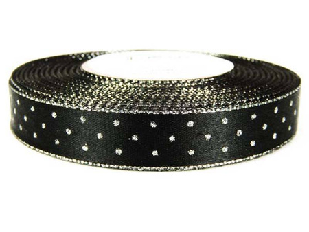 Wstążka 15mm atłas KROPKI rexor czarna