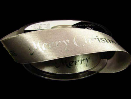 Wstążka 25mm atłas MERRY CHRISTMAS popiel