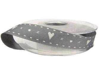 Wstążka 15mm tafta HEARTS AND KISSES popiel