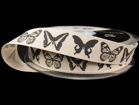Wstążka 15mm tafta DANCING BUTTERFLY popiel