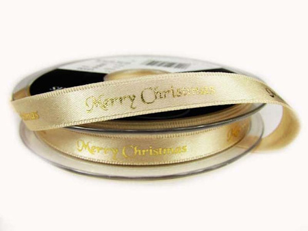 Wstążka 10mm atłas MERRY CHRISTMAS ecru