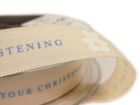 Wstążka 15mm tafta FOR YOUR CHRISTENING błękitna