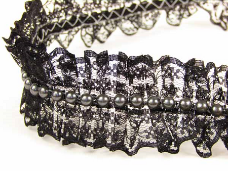 Taśma 4cm plisa koronka & perła czarna
