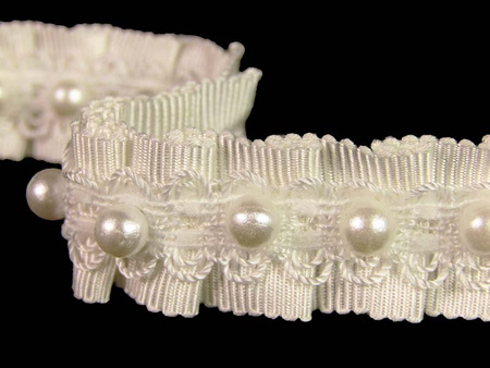 Taśma 18mm ryps plisowany z perłą ivory