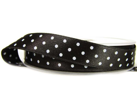 Wstążka 15mm atłas dwustronna DOTS czarna
