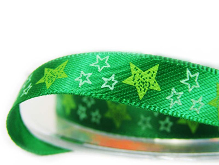 Wstążka 10mm atłas GWIAZDKA zielona