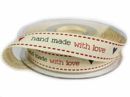 Wstążka 15mm tafta HAND MADE WITH LOVE natural