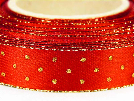 Wstążka 15mm atłas KROPKI rexor czerwona