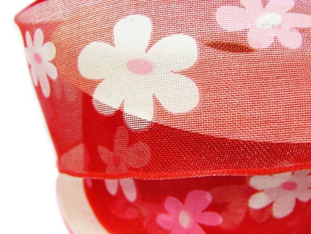 Wstążka 40mm organtyna KWIATY czerwona