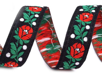 Taśma 18mm  żakard czerwony KWIAT czarna