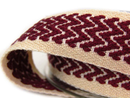 Taśma 25mm tkana beżowo-bordowa