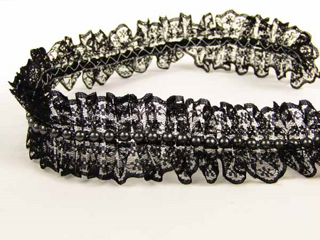 Taśma 4cm plisa koronka & perła czarna