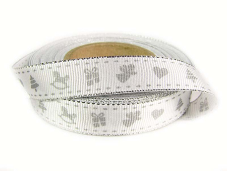 Wstążka 15mm ryps ŚWIĘTA biało-srebrna